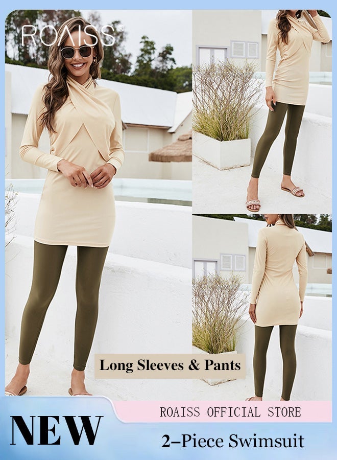roaiss 2PCS Swimsuit for Women, Stylish Beachwear with Cross-over Design, Sun Protection Surfing Wetsuit with Long Sleeve Top and Slim-fit pants, Suitable for All Body Types, Great Choice for Swimming, Sunbathing, Hot Baths and Beach Walks - Image 3